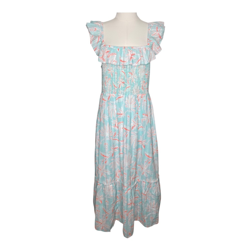 Vineyard Vines Cay Floral Smocked‎ Maxi Dress Light Blue Orange Tiered Pockets M